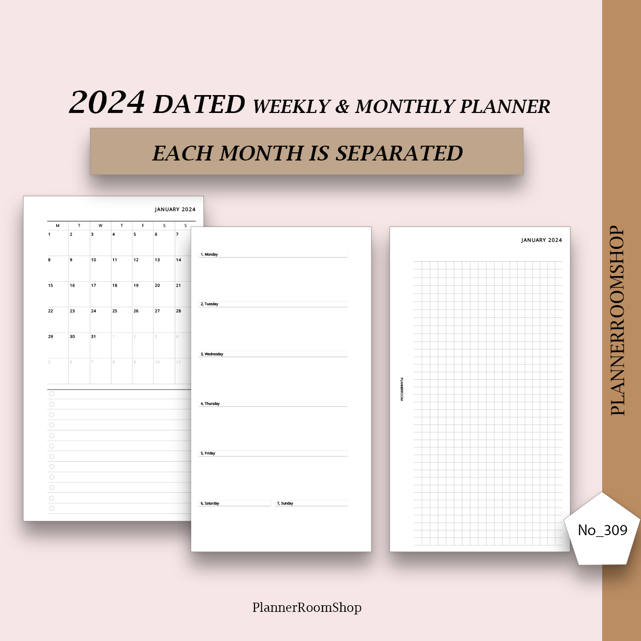 PRINTABLE 2024 monthly & weekly planner (309) – Planner Room Shop