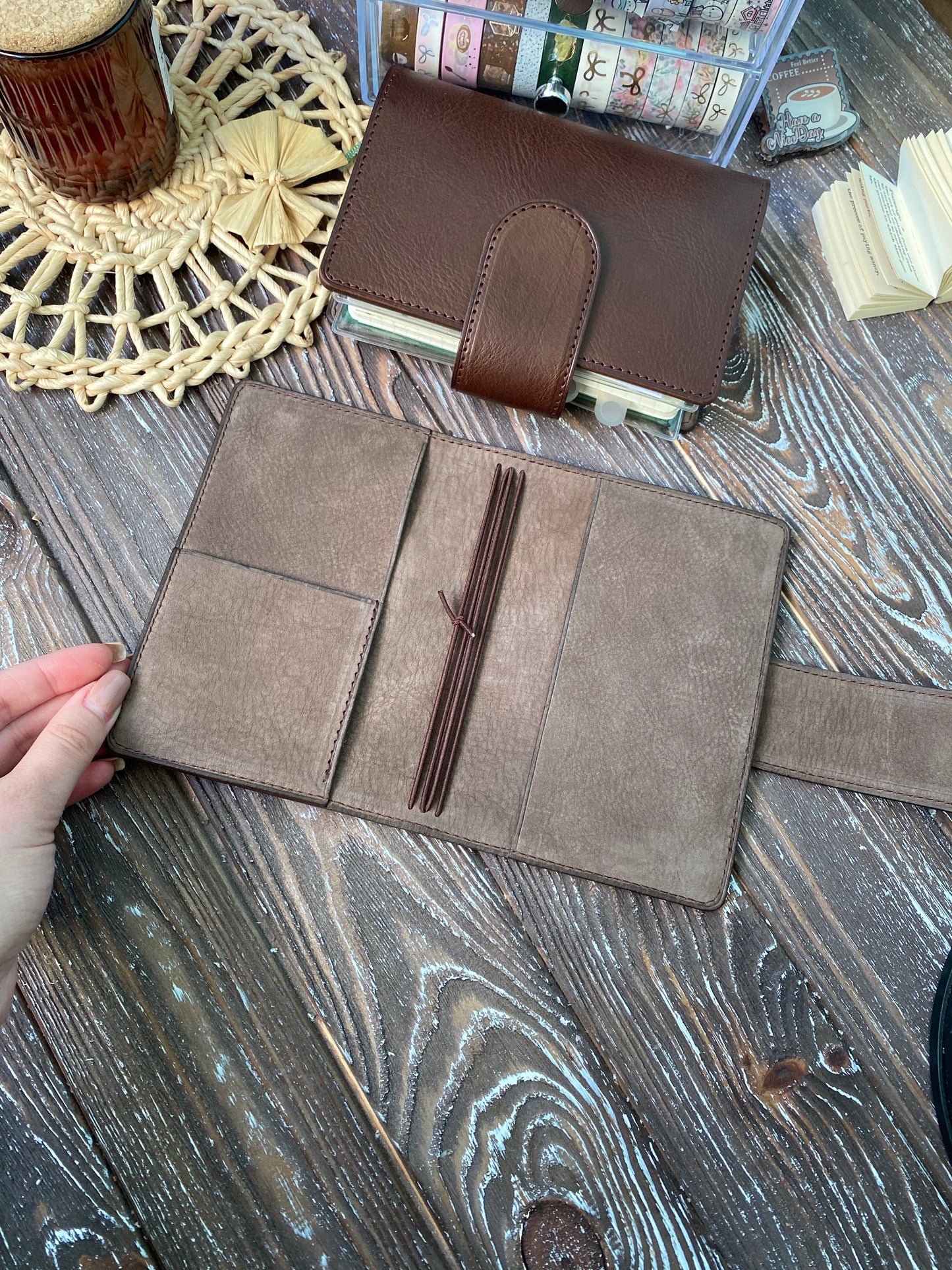Moleskine pocket TN cover with strings Veg tan outside | Nubuck leather inside