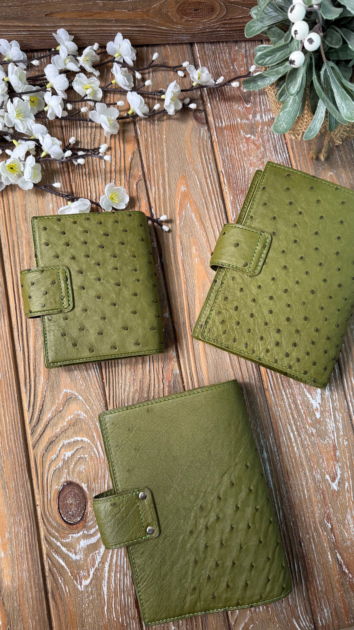Limited Edition - Ready To Ship - Olive Green Ostrich Leather Ring Planner Cover