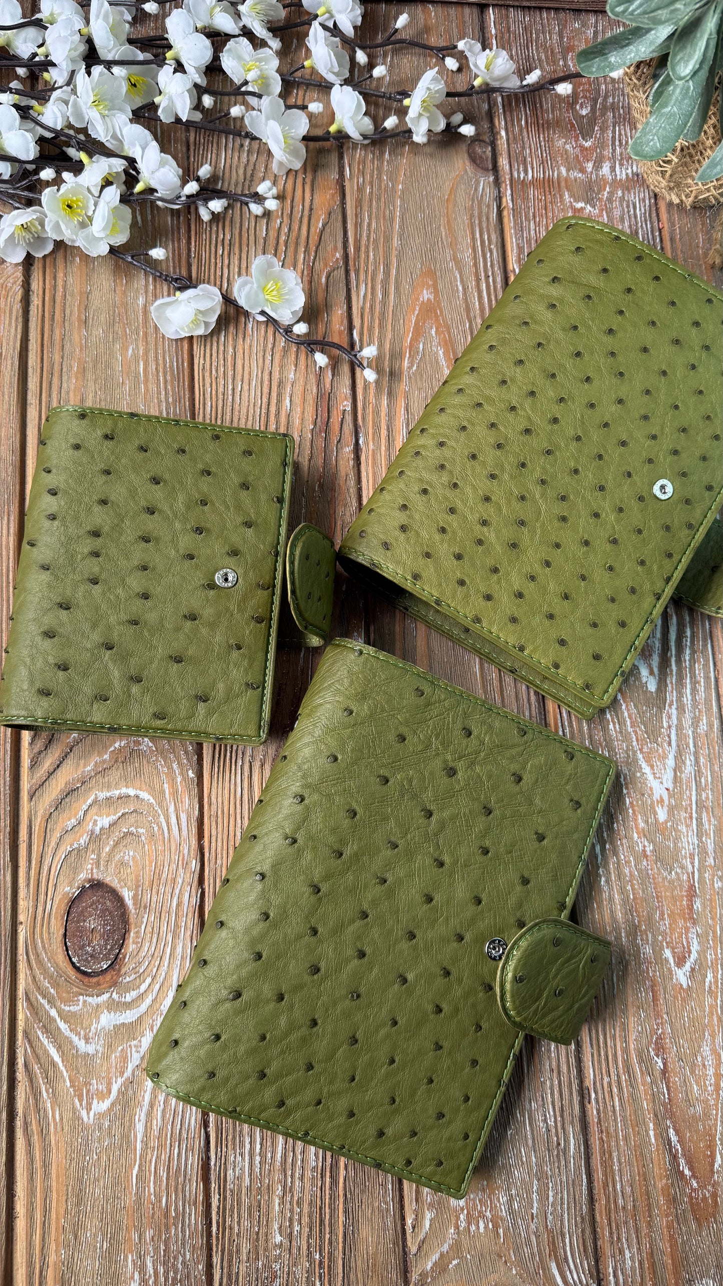 Limited Edition - Ready To Ship - Olive Green Ostrich Leather Ring Planner Cover
