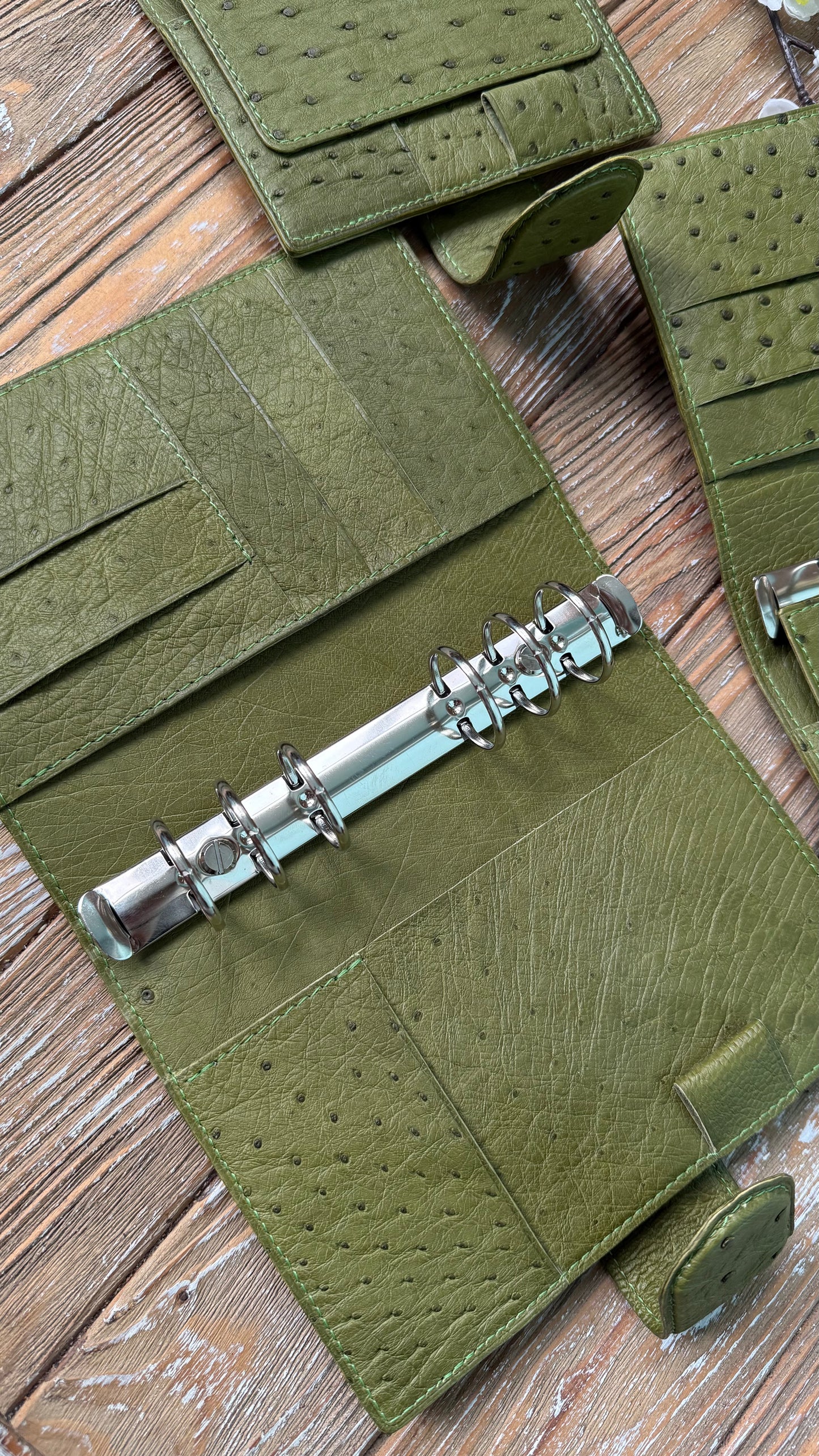 Limited Edition - Ready To Ship - Olive Green Ostrich Leather Ring Planner Cover