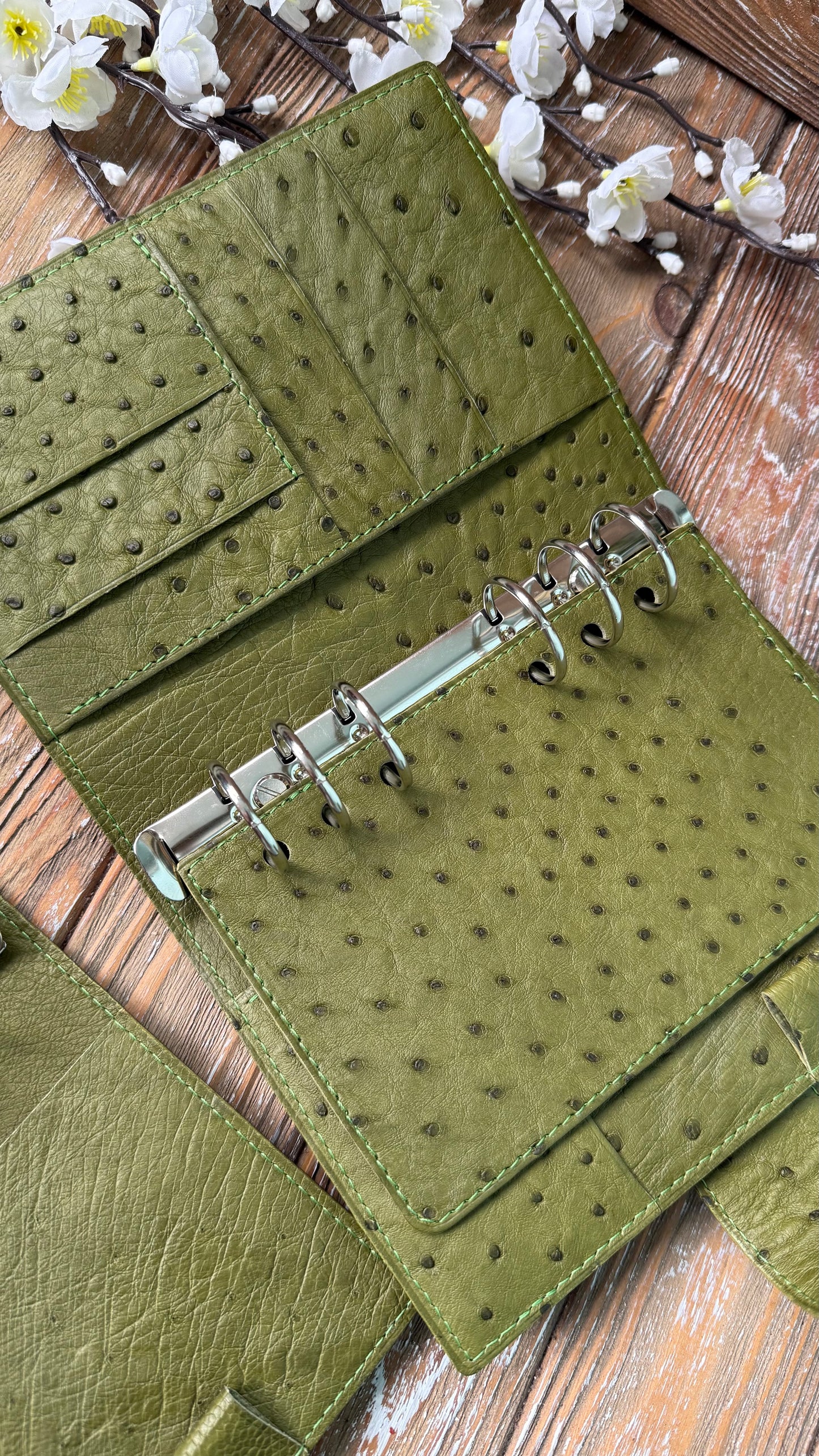 Limited Edition - Ready To Ship - Olive Green Ostrich Leather Ring Planner Cover