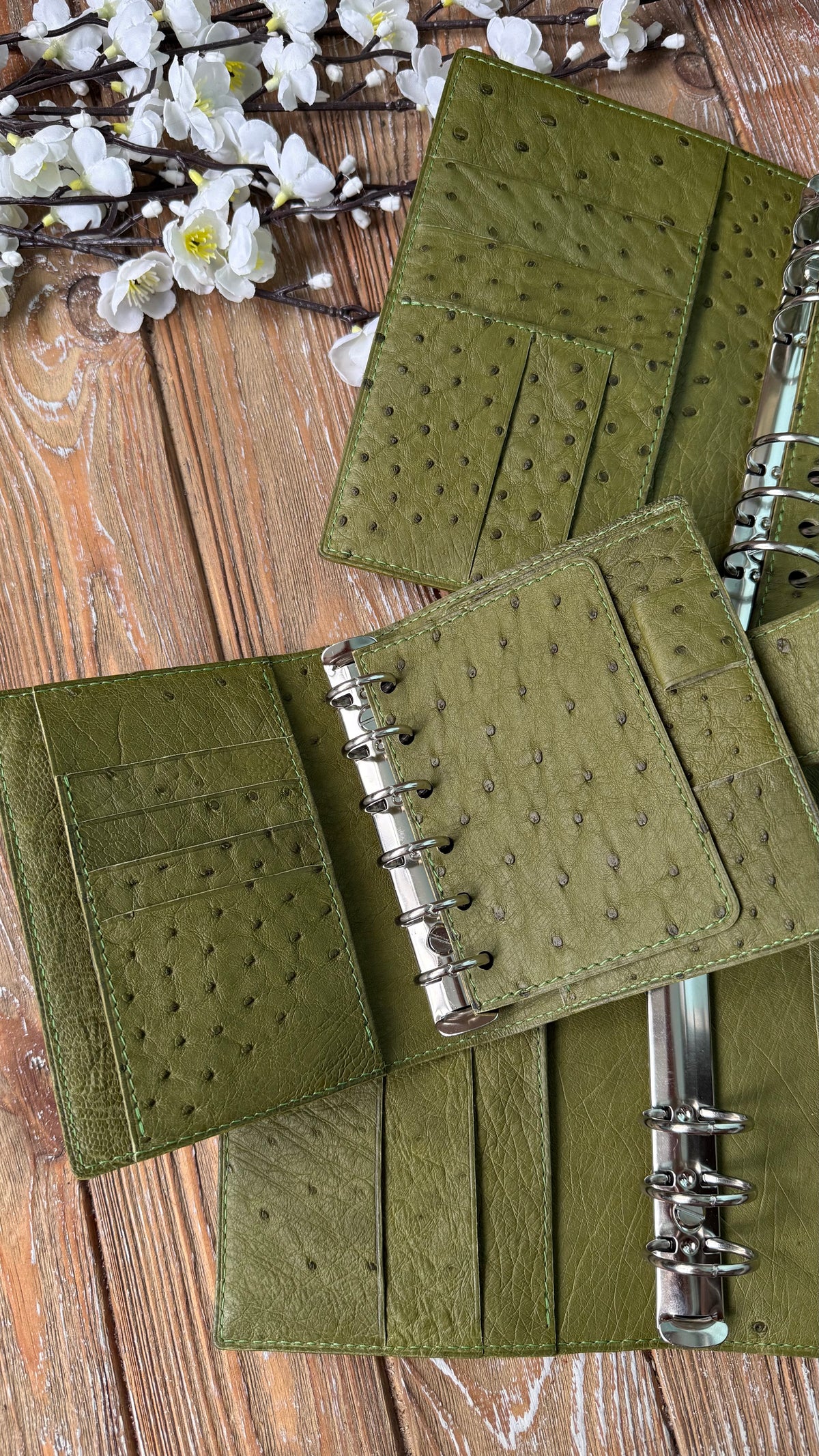 Limited Edition - Ready To Ship - Olive Green Ostrich Leather Ring Planner Cover