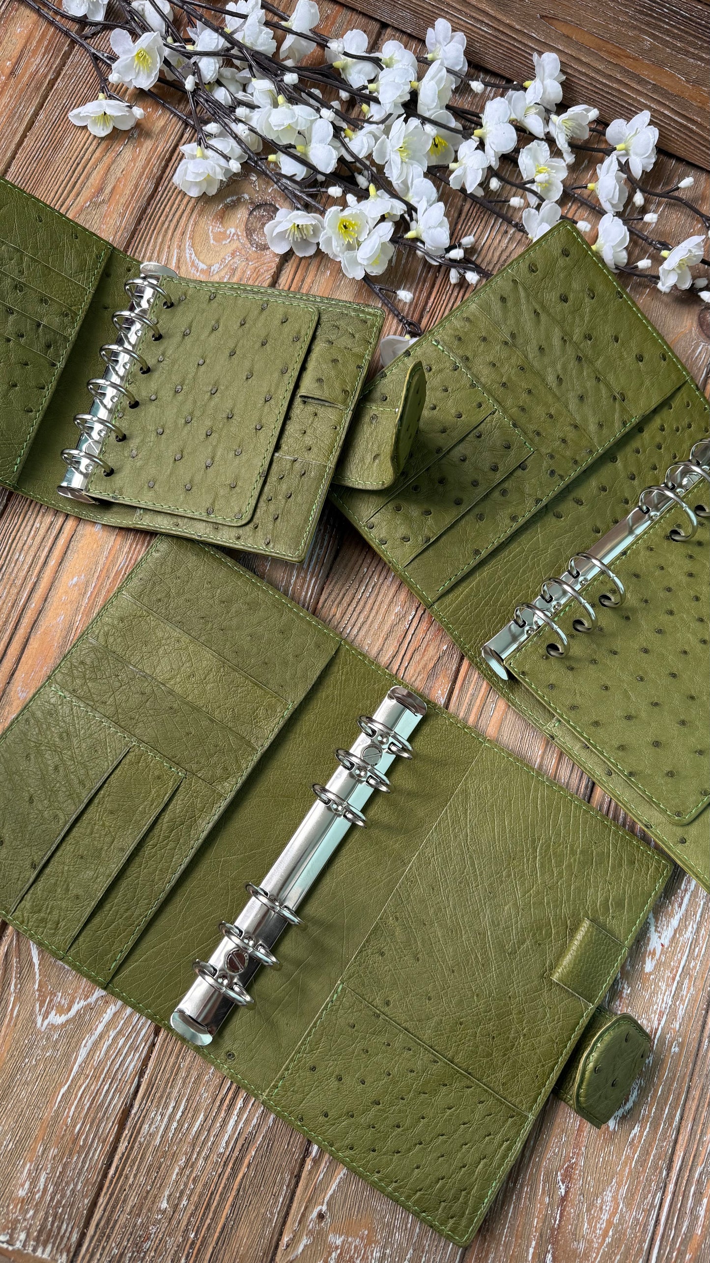 Limited Edition - Ready To Ship - Olive Green Ostrich Leather Ring Planner Cover