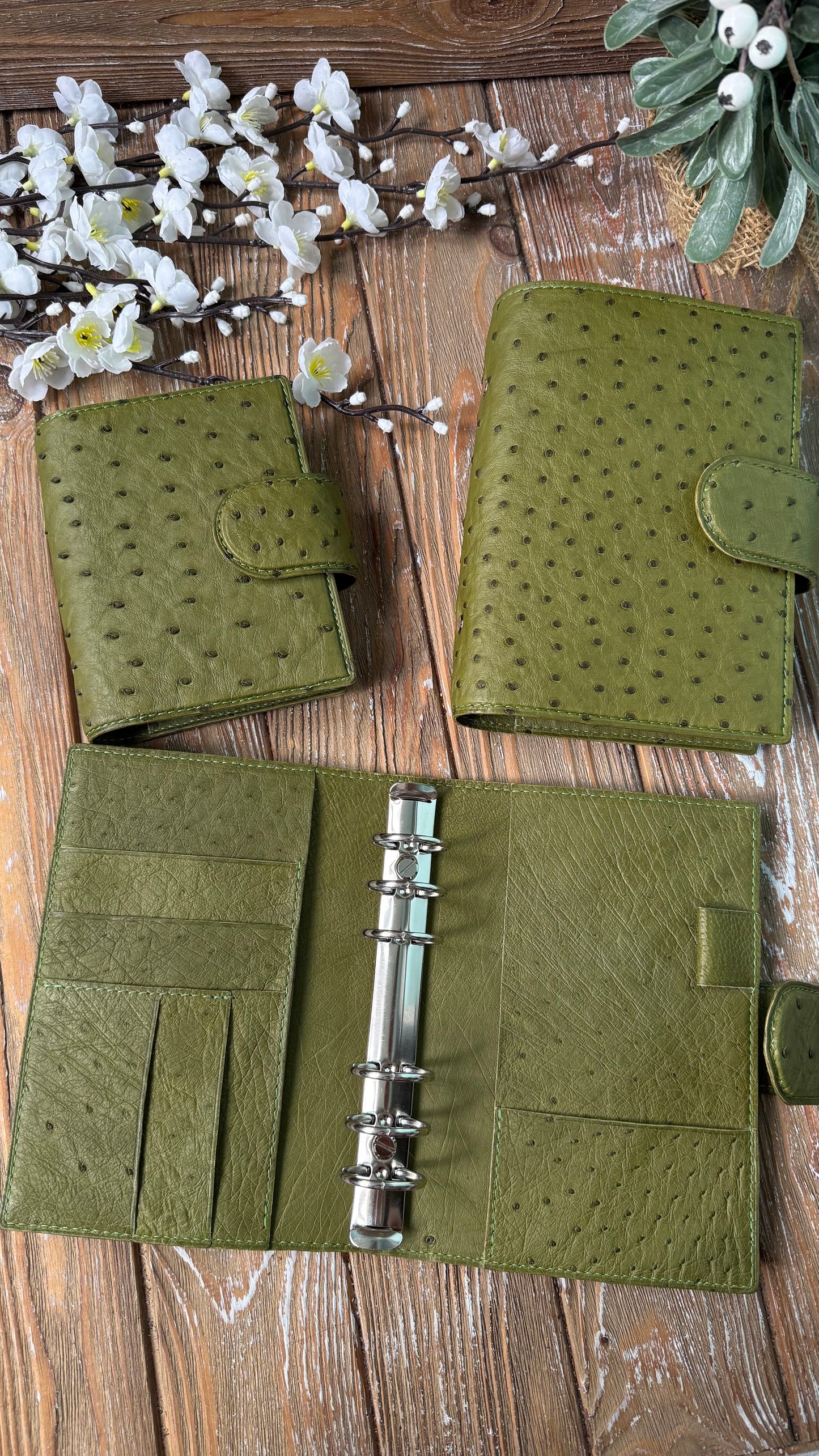 Limited Edition - Ready To Ship - Olive Green Ostrich Leather Ring Planner Cover