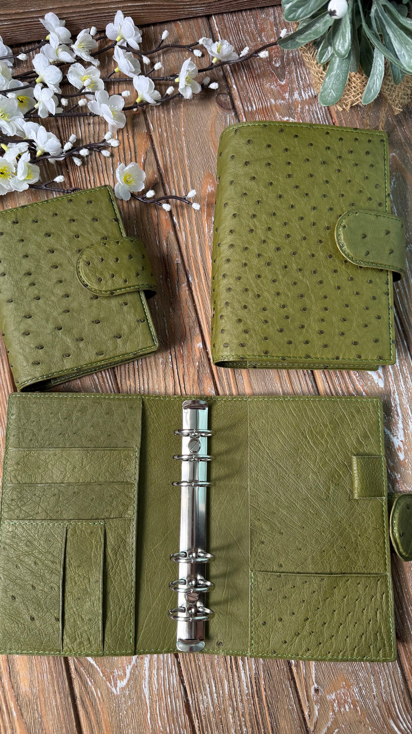Limited Edition - Ready To Ship - Olive Green Ostrich Leather Ring Planner Cover