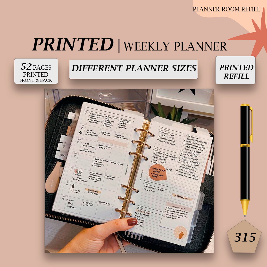 PRINTED weekly planner inserts